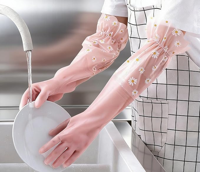 Dishwashing Cleaning Gloves Tear-Resistant Rubber Household Cleaning Gloves with Long Elastic Cuffs for Chores