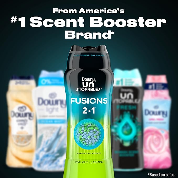 Downy Unstopables Fusions Scent Duos Laundry Scent Booster Beads, Twilight and Jasmine Scent, 10.7 OZ, 24hr non-stop freshness with 2 in 1 dual scent laundry scent beads
