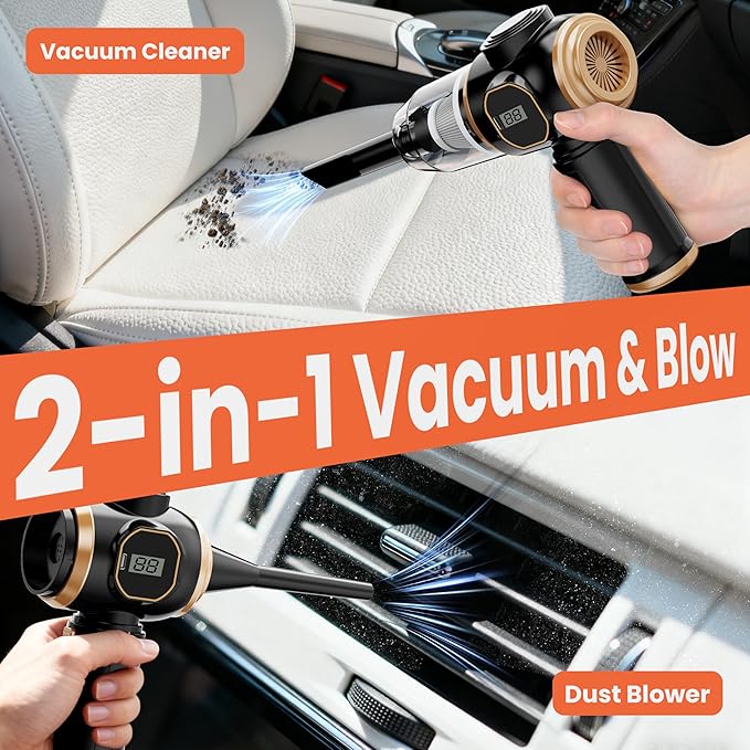 Brushless Motor Portable Cordless Car Vacuum Cleaner – 25000 Pa High Power, LCD Display, Rechargeable Handheld Vacuum for Car, Home, Office | Efficiently Removes Pet Hair, Sofa (Black & Gold)