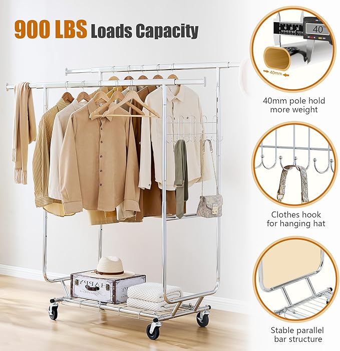 Gewudraw Heavy Duty Clothes Rack Load 900 Lbs, Double Rod Rolling Clothing Rack With Sturdy Wheel And Shelves，Adjustable Portable Hanging Rack For Clothes,Silver Stainless Steel