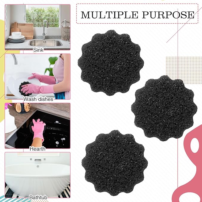 3 Pcs Dual Sided Scrub Sponge Multi Functional Cute Temperature Sensitive Non Scratch Dish Sponge for Washing Dishes Kitchen Bathroom(Flower,Black)