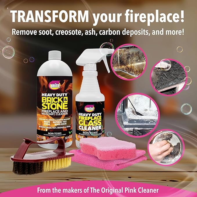 Quick 'n Brite Fireplace Cleaning Kit – Includes 16 oz Fireplace Glass Cleaner, 32 oz Gel Fireplace Cleaner, Scrub Brush, Sponge and Microfiber Towel