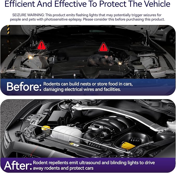 Ultrasonic Rodent Repellent, Plug-in Mouse Rat Pest Bat Squirrels Skunks Repellent for Car with Battery Powered Under Hood, Keep Mice Out of Cars Engines, Indoor, Outdoor, Garage, Room