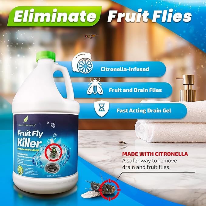 Natural Elements Fruit Fly Killer | Drain Flies, Gnats, Flying Ants | Home & Commercial Use | Non-Toxic Gel Formula | 1 Gallon | 128 Fl Oz