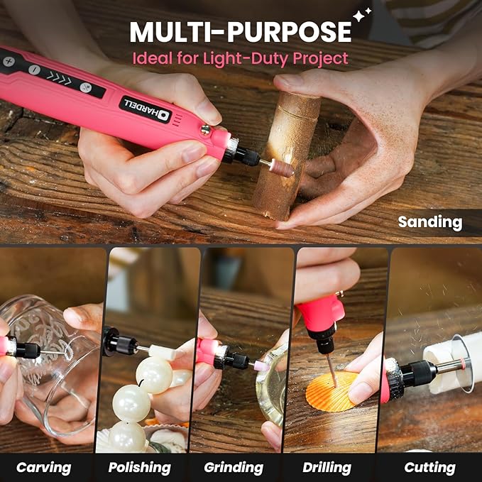 HARDELL Mini Cordless Rotary Tool, 5-Speed 3.7V Rechargeable Rotary Tool Kit with 129Accessories, USB Charging Multi-Purpose DIY Tool for Sanding, Polishing, Drilling, Engraving, Woodworking(Pink 129)