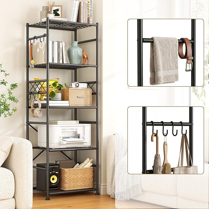 DurayLoly 5-Tier Storage Shelves,Sturdy Metal Shelving Unit with Hooks,Wobble-Free Storage Rack with Leveling Feet,Slim Standing Shelf Organizer for Garage Kitchen Pantry,17.7”W×11.8”D ×58.3”H,Black