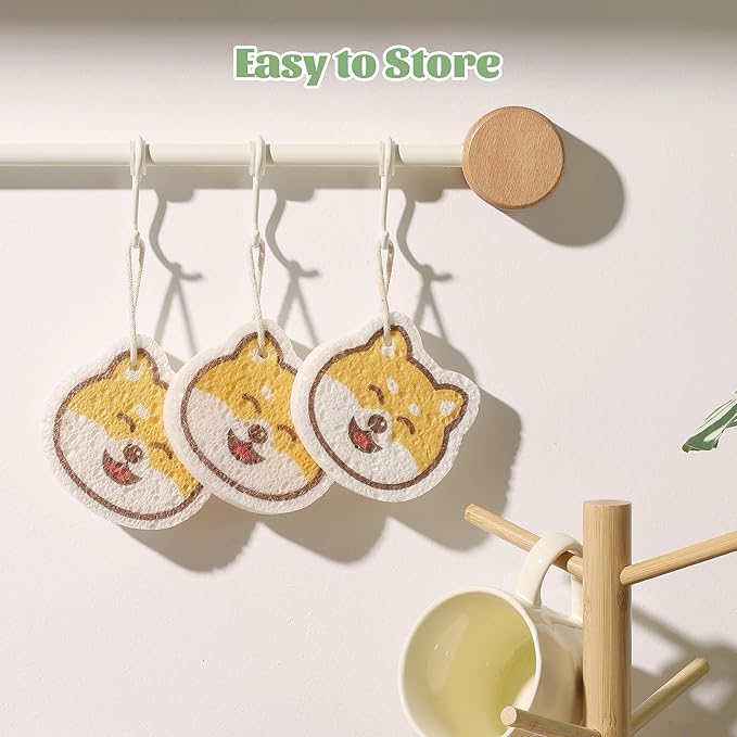 JOYMOOP Cartoon Kitchen Sponge, Cellulose Sponges for Cleaning, 4 Pack Non-Scratch Sponges for Washing Dishes, Reusable Sponge for Kitchen, Bathroom and Office - Doggy Pattern
