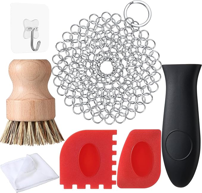 Patelai 7 Pieces Cast Iron Cleaner Set Include Stainless Steel Chainmail Scrubber with Bamboo Dish Scrub Brush Hot Handle Holder 2 Pan Grill Scrapers Kitchen Towel Wall Hook (Classic Color)
