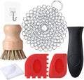 Patelai 7 Pieces Cast Iron Cleaner Set Include Stainless Steel Chainmail Scrubber with Bamboo Dish Scrub Brush Hot Handle Holder 2 Pan Grill Scrapers Kitchen Towel Wall Hook (Classic Color)
