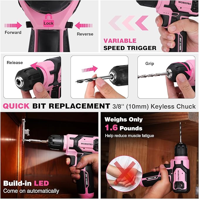 WORKPRO Pink Cordless Drill Set, 8V Impact Drill Driver with 53pcs Bit Set, 2.0Ah Electric Power Drill Kit with 3/8" Keyless Chuck and Variable Speed Trigger, Portable for DIY- Pink Ribbon