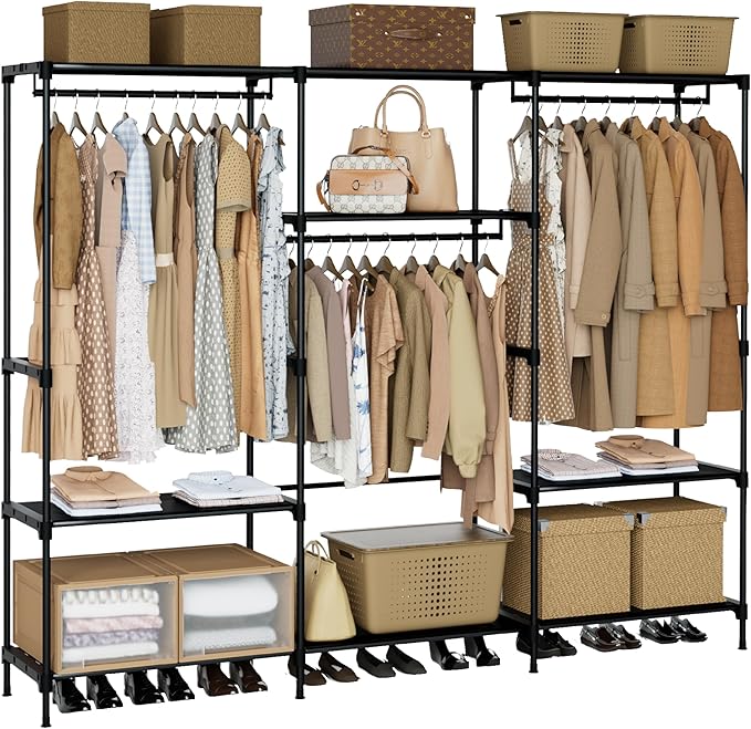 CASAMAYA Clothes Rack, Portable Closet, 81.1 Inch Large Capacity Wardrobe Closet, Clothes Storage Organizer with Shelves and 3 Hanging Rods, Easy to Assembly, Black PCT033B01