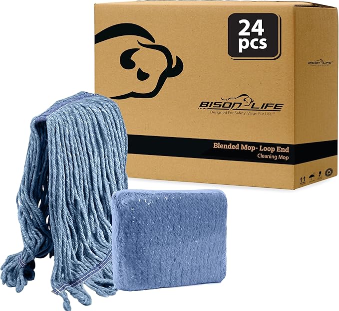 KLEEN HANDLER HEAVY DUTY Commercial Mop Head Replacement, Wet Industrial Blue Cotton Looped End String Cleaning Mop Head Refill (Case of 24)
