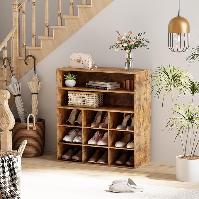 Garden 4 you Shoe Rack Organizer, 5-Tier Wood Cubby Shoe Rack with 2 Storage Shelf and 9 Cubbies, Shoe Organizer Cabinet for Entryway, Hallway, Closet and Garage,Brown
