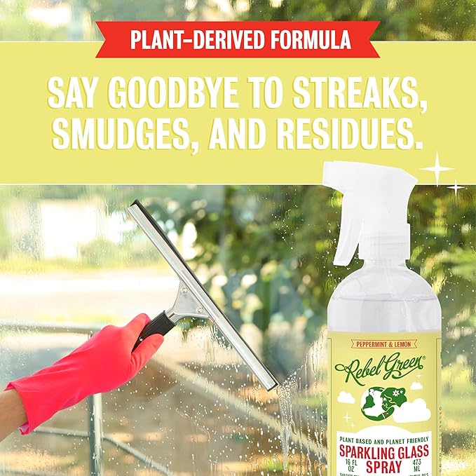 Rebel Green Sparkling Glass Cleaner - Streak Free Glass Cleaner Spray - Natural Glass & Surface Spray for Windows, Mirrors, & More - Scented with Peppermint & Lemon - (32 Ounce Bottles, 4 Pack)