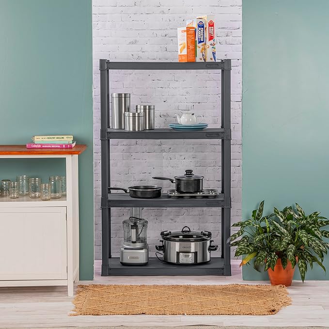 Sterilite 4 Shelf Unit, Heavy-Duty Shelving Storage and Utility Rack - Standing Plastic Organizer Shelves for Kitchen, Bathroom, and Garage