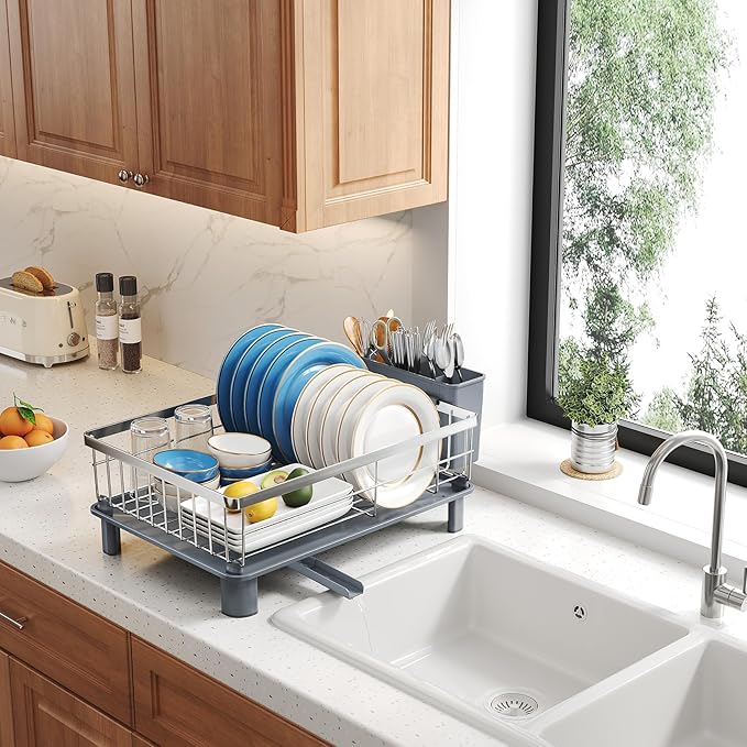 SNTD Dish Drying Rack - Small Dish Rack for Kitchen Counter, Stainless Steel Dish Drainer with Utensil Holder and Drainboard, 11" W x 15" L (Silver)