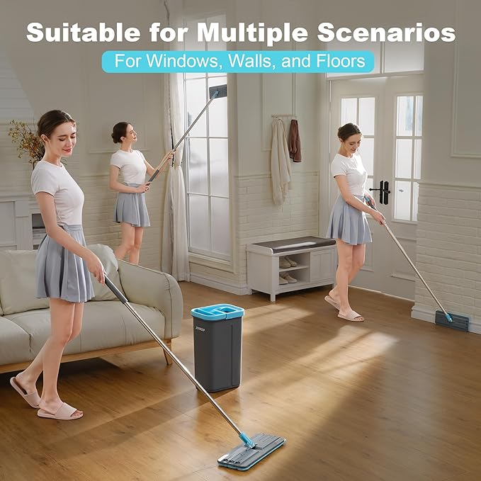 JOYMOOP Flat Mop Head, 13 Inch Microfiber Replacement, Grey & Cyan Blue, 1 Pack