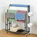 Towel Rack for Bathroom Freestanding Towel Holder Stand Black Blanket Holder for Floor Large Towel Cart with Wheels, Storage Shelves, 6 Metal Hooks for Bathroom, Pool, Living Room