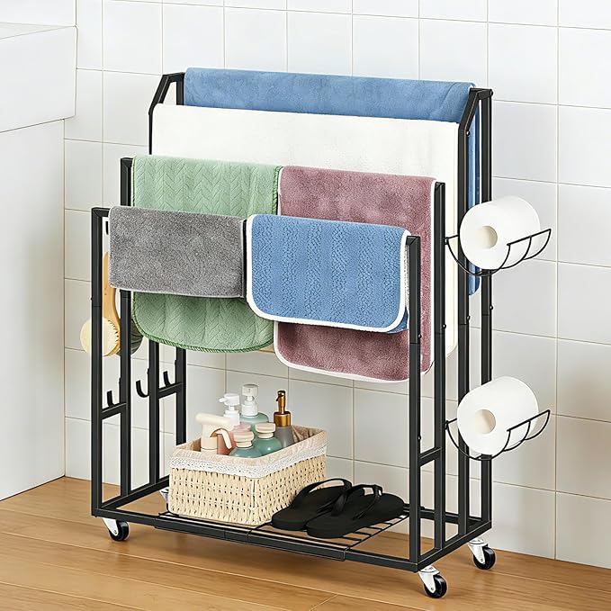 Towel Rack for Bathroom Freestanding Towel Holder Stand Black Blanket Holder for Floor Large Towel Cart with Wheels, Storage Shelves, 6 Metal Hooks for Bathroom, Pool, Living Room