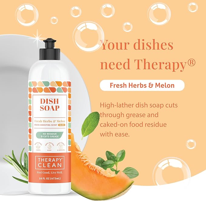 Therapy Clean Dish Soap - Fresh Herbs and Melon - 16 fl oz (Pack of 3), Biodegradable Natural Dishwashing Liquid, Liquid DIsh Soap