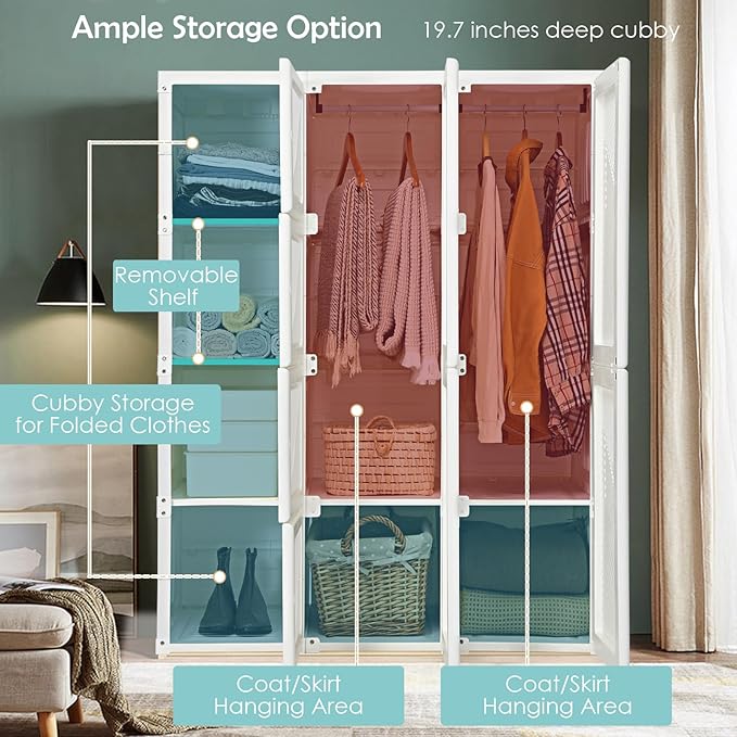 Tangkula Portable Closet Wardrobe, Foldable Clothes Organizer with Cubby Storage, Hanging Rods, Easy Assemble Clothing Storage with Magnet Doors, Folding Bedroom Armoire (8 Cubbies & 2 Rods)