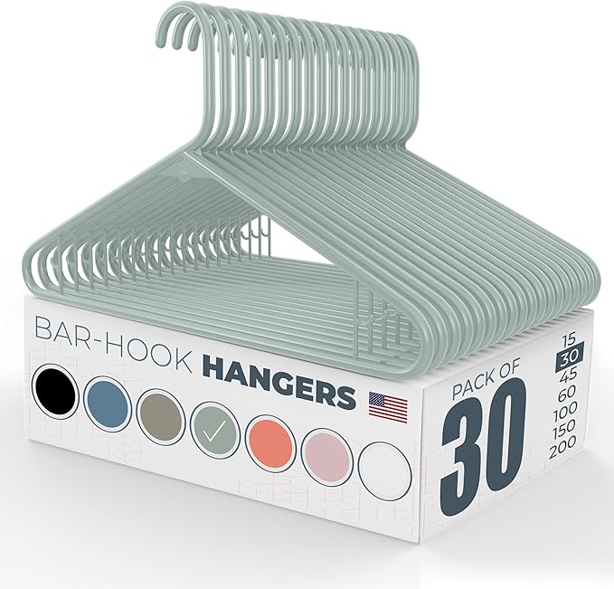 Neaties Plastic Hangers 30 Pack – Made in the USA – 6lb Capacity Standard Clothes Hangers with Strap Hooks for Dresses, Lingerie, Shirts, Pants, and Jackets – Mint