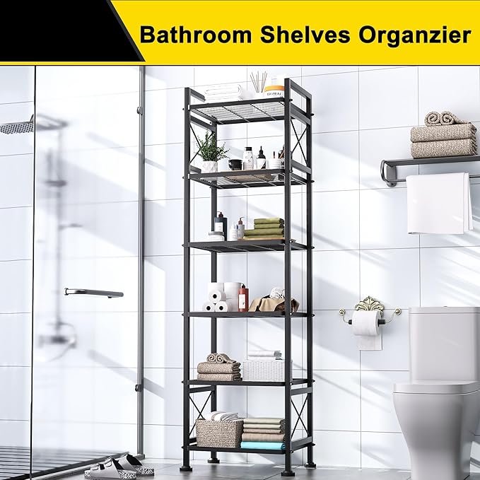 GIOTORENT Pantry Storage Shelves, 6-Tier Metal Storage Rack with X-Shaped Side Frame, Heavy-Duty Wire Shelf for Kitchen, Bathroom, Laundry Room, 120lb/Layer, Black Standing Shelves