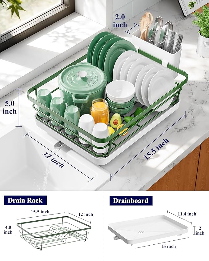 Kitsure Dish Drying Rack for Kitchen Counter, Stainless Steel Sink Organization and Storage Essentials with Cutlery Holder, Home and Appartment Decor, 12''W x 15.5''L, Green