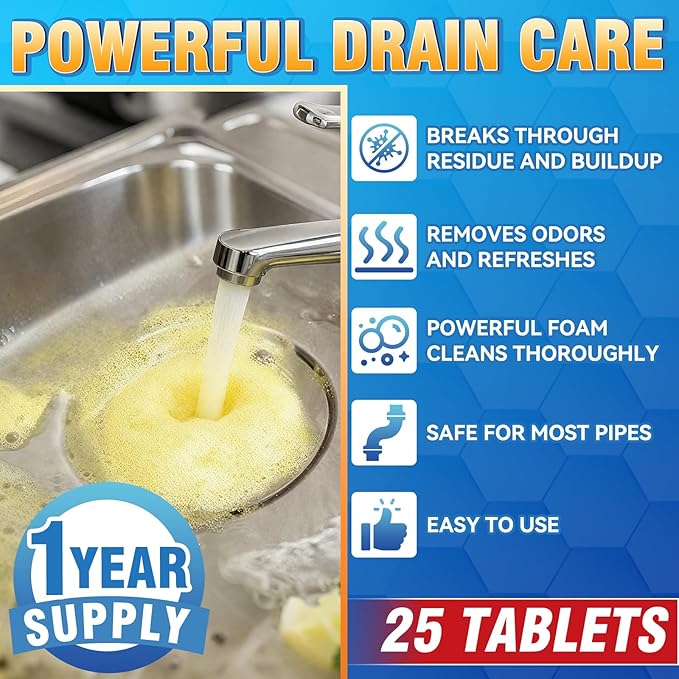 Garbage Disposal Cleaner and Deodorizer Tablets, 25 Pack Sink Cleaner Tablet, Powerful Foam Drain Cleaner, Effectively Removes Residue, Grime and Odors for Kitchen, Bathroom, Toilet, 1 Year Supply