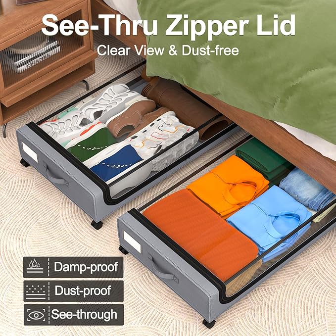 GoMaihe Under Bed Storage with Wheels: 48L Underbed Storage Containers with Lids - Rolling Bins for Shoes Clothes in Dorm Bedroom - Metal Drawers Easy Pull-out Grey 4-Pack