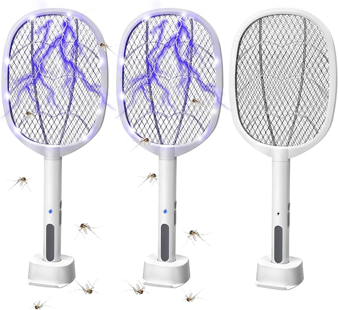 3 Packs Electric Fly Swatter Rackets, 2-in-1 Handhold Bug Zapper with 3000V High Voltage, Plug-in Mosquito Killer Insect Light Trap with 3 Layer Safety Mesh Portable for Indoor Outdoor Use