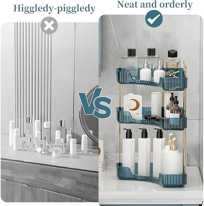 INVSSENE Corner Bathroom Countertop Organizer, Vanity Organizer Trays for Counter, Makeup Organizers, Perfume Tray, Skincare Shelf Storage Gifts for Women Girl Student (Blue, 3 Tiers)