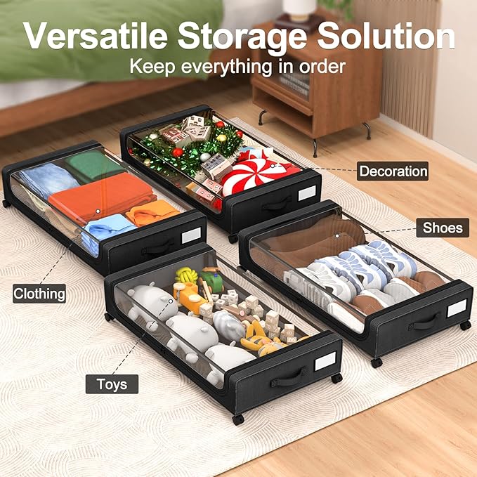 GoMaihe Under Bed Storage with Wheels: 48L Underbed Storage Containers with Clear Lids - Rolling Drawers & Bins for Shoes Clothes in Dorm Bedroom - Space-Saving Easy Pull-out Black 2-Pack