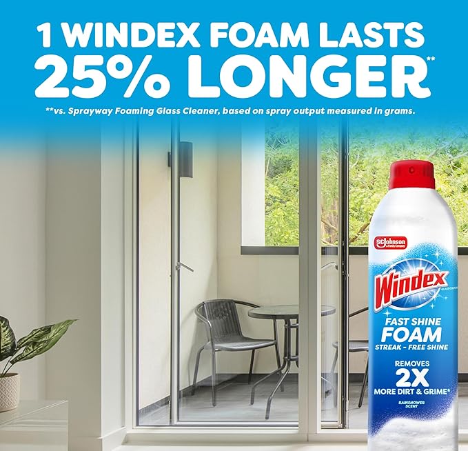 Windex Fast Shine Foam Glass Cleaner, No-Drip Windows, Doors, Mirrors & Countertops Aerosol Cleaning Spray, Streak-Free Shine, Removes Fingerprints, Dust, Dirt, Grime & More 19 oz (Pack of 1)