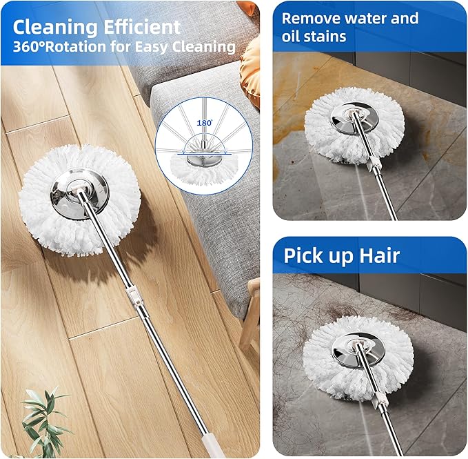 Spin Mop and Bucket with Wringer Set for Home,360° Mop and Bucket with Separate Clean and Dirty Water,Wet Dust Mop for Floor Cleaning with Extra Refills (Silver with 6 Pads)