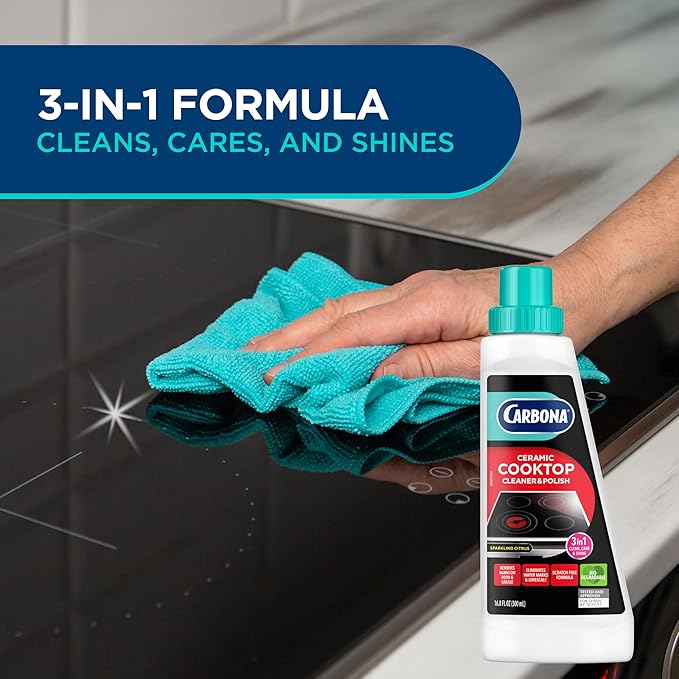 Carbona Ceramic Cooktop Cleaner | Grease & Burnt-On Food Remover | Non-Abrasive Formula | 16.8 Fl Oz, 3 Pack