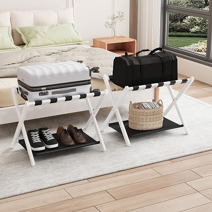 Smuxee White Bamboo Luggage Rack Pack of 2, Foldable Suitcase Stand with Storage Shelf, Easily Assembled Luggage Stand with 5 Nylon Straps for Guest Room Bedroom Hotel