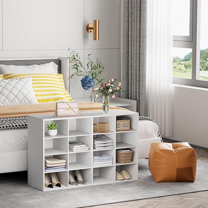 Garden 4 you Shoe Storage Bench, Cubby Shoe Rack with 16 Cubbies, 4-Tier Wood Shoe Rack Organizer, Shoe Organizer Cabinet for Entryway, Hallway, Closet and Garage, White
