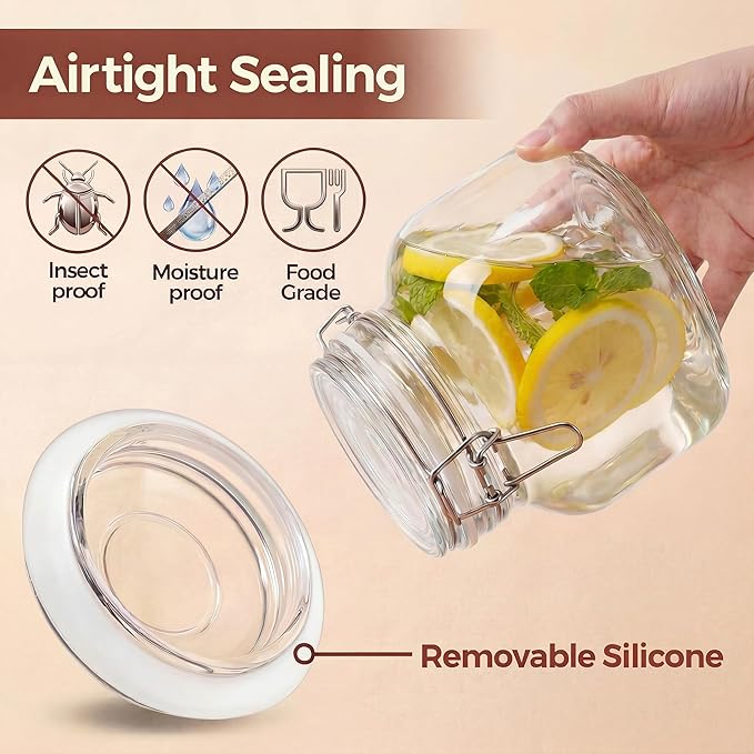 HomArtist Glass Jars with Airtight Lid Set of 6, 17 floz Wide Mouth Mason Jars with Clamp Lids,Glass Sealed Jars with Air Tight Lids, Best for Kitchen & Pantry Food Storage