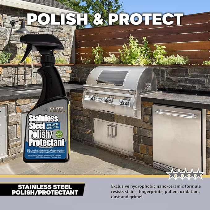Flitz Stainless Steel Polish Protectant - 16oz Bottle, USA-Made Ceramic Coating for Stainless Steel Appliances, Repels Fingerprints & Water Spots - Aluminum & Chrome Polish & Protectant (1 Pack)