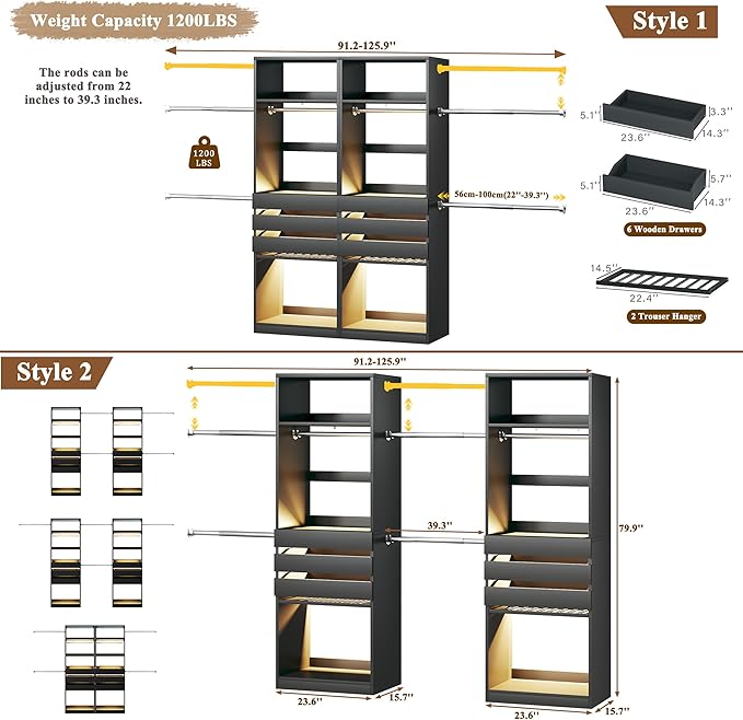 Closet System Set of 2, 5.7-10.4FT Closet Organizer System with 6 Wood Drawers & 2 LED Glasstop, Wood Walk-in Closet with 10 Hanging Rods & 2 Trouser Rack, Built-in Garment Rack with Shelves, Black