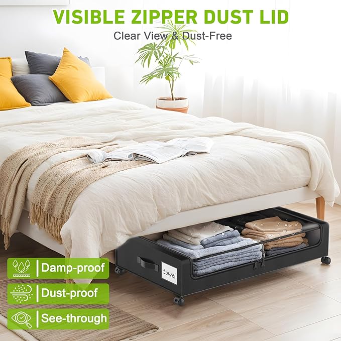 YAASHEEN Under Bed Storage with Wheels, 4-Pack Under the Bed Storage Containers with Clear Lids & Label, Underbed Storage Bins, XXL 60L Rolling Metal Drawer for Clothes, Shoes, Toys, Books - Black