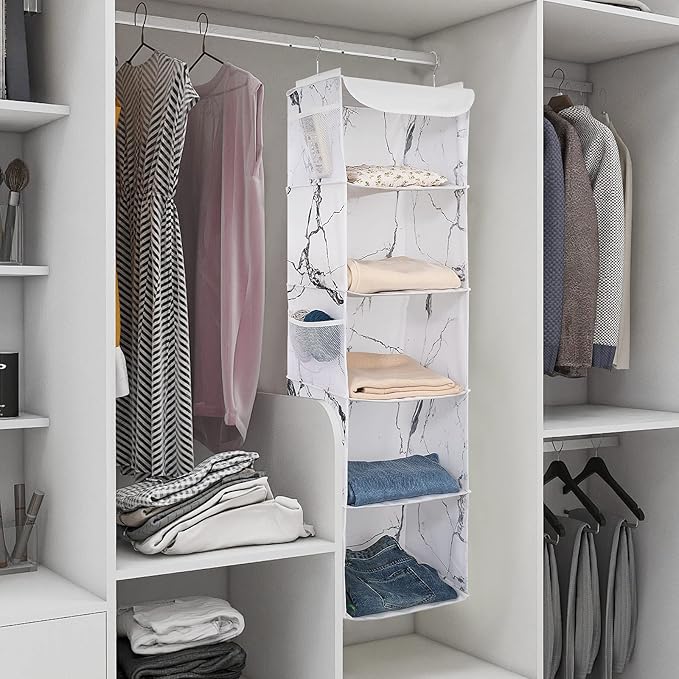BrilliantJo 5 Shelves Hanging Closet Organizer, 2 Pack Hanging Storage with 6 Side Pockets for Clothes Shoes, 43"x12"x12"(Marblizing)