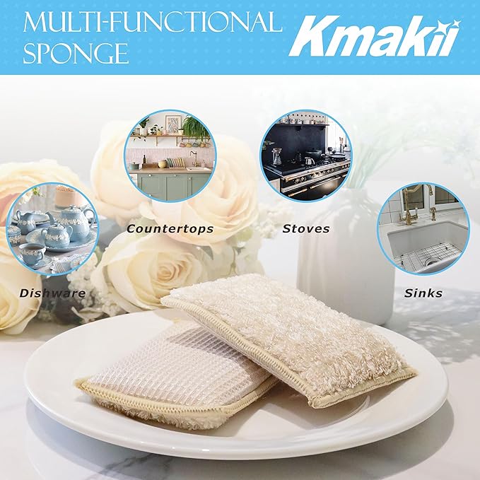 KMAKII Bamboo Kitchen Sponges,Dish Sponge,Super Absorbent Cleaning Sponges, Pack of 12