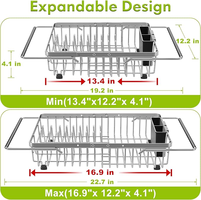 JASIWAY Dish Drying Rack in Sink, Expandable Stainless Steel Dish Drainer for Kitchen Sink, Dish Strainer Rack, Retractable Over Sink Dish Rack with Utensil Holder, 13.4''~16.9''D x 12.2''W, Silver
