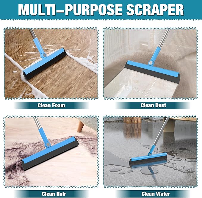 KOLLIEE Floor Squeegee Adjustable 59'' Long Handle Professional Floor Squeegee with Hook Water Squeegee Foam Blade for Concrete Floor Tile Pet Hair Floor Wiper