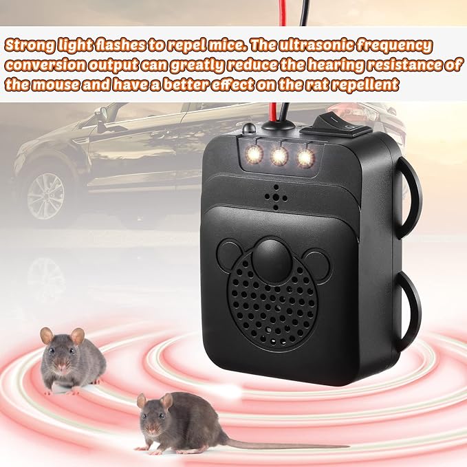 4 Pack Under Hood Animal Repeller Ultrasonic Mouse Repeller Rat Repellent Small Ultrasonic Mice Deterrent for 12V Car Pest Vehicle Automobile Get Rid of Animal in Car Engine with Strobe Light