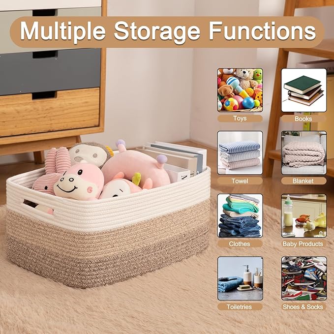 Large Storage Basket for Organizing, Woven Rope Basket for Shelves, Closet Organizer Bins for Clothes, Blanket, Toys, Baby Nursery Storage, 17.7" x 13" x 7.87", 4 Packs Gradient Yellow
