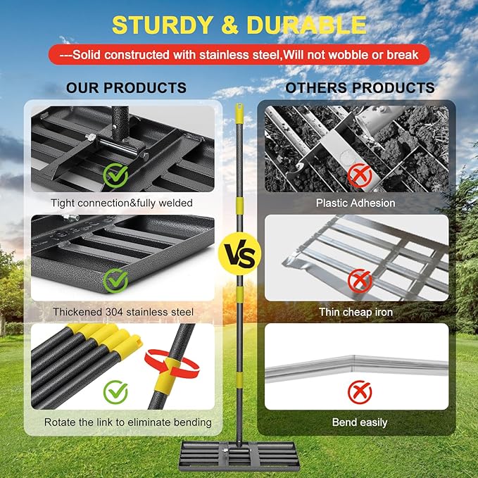 Lawn Leveling Rake - Heavy Duty 17"x10" Stainless Steel Lawn Leveler | Adjustable 28-72" Handle, Reinforced Welds & Smooth Edge for Soil, Dirt,Ground,Yard Top Dressing,Landscaping