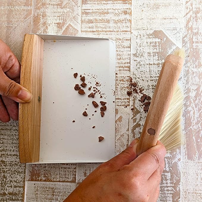 A&J Koti Table Crumb Sweeper - Small Mini Metal Dustpan and Hand Brush Combo Set - Wood Crumber for Servers, Restaurants, Home and Kitchen - Crumb Cleaning Set